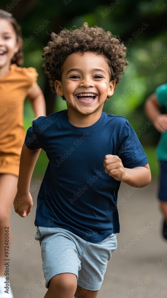 Obraz premium A joyful boy with curly hair runs happily outdoors, embodying the spirit of childhood and playfulness amidst nature.