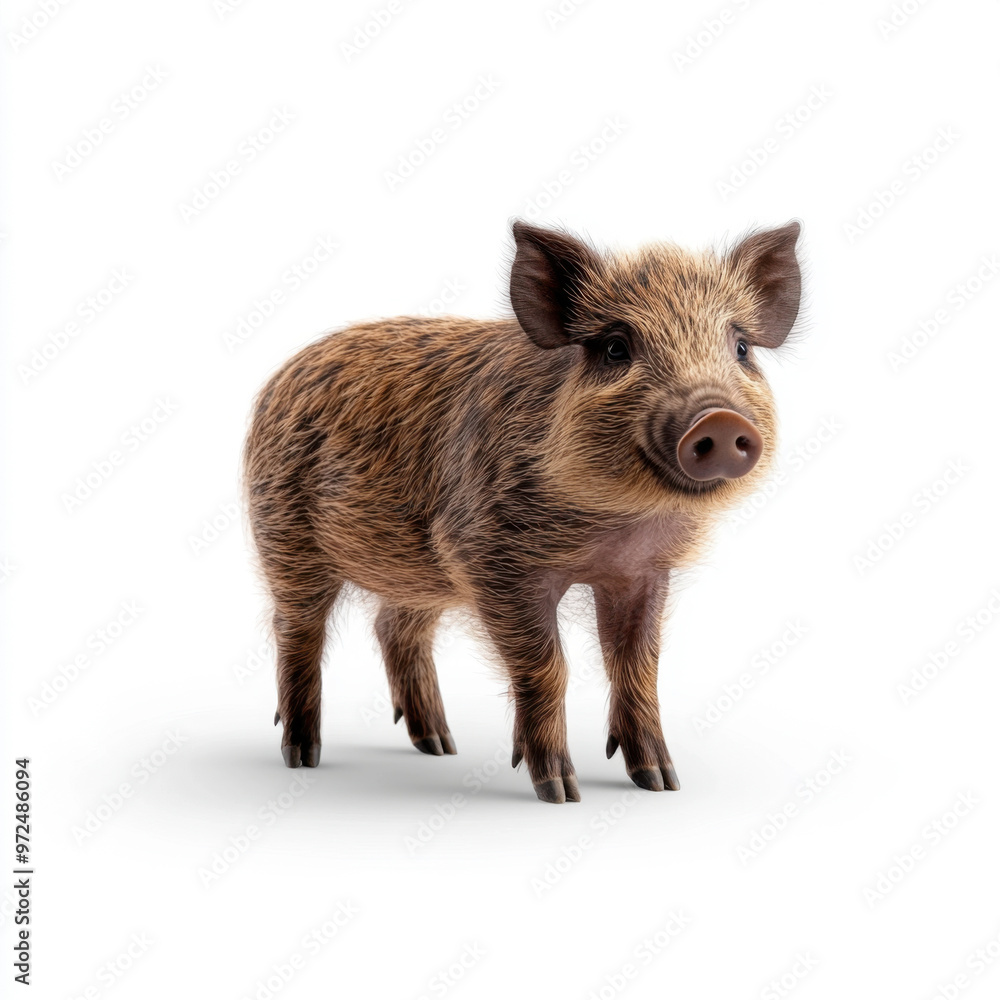Close-up of a young wild boar standing against a white background, showcasing its natural brown fur and curious expression. Close-up of a young wild boar standing against a white background, showcasing its natural brown fur and curious expression.