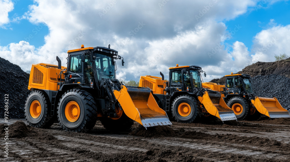 Three large yellow bulldozers with raised shovels parked on a dirt construction site under a cloudy sky. Three large yellow bulldozers with raised shovels parked on a dirt construction site under a cloudy sky.
