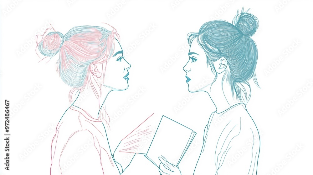 Empowered Businesswomen in Deep Discussion - Continuous Line Art Illustration Empowered Businesswomen in Deep Discussion - Continuous Line Art Illustration