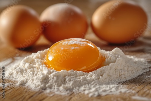 Close-up of eggs and egg yolk with white flour on a wooden table, perfect for baking and cooking recipes Generative AI