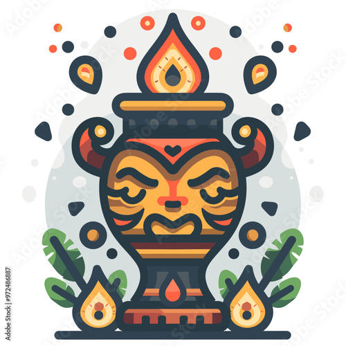 Vector illustration of traditional indian candle in pot on white background.