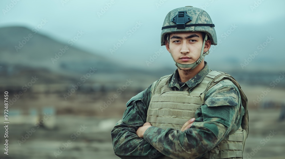 Young Central Asian Soldier in Combat Gear Standing Firm in a Serene Landscape, Military Strength, and Diversity Young Central Asian Soldier in Combat Gear Standing Firm in a Serene Landscape, Military Strength, and Diversity