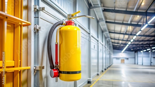 A yellow fire extinguisher stands atop a wall-mounted bracket in a modern commercial building, showcasing essential photo