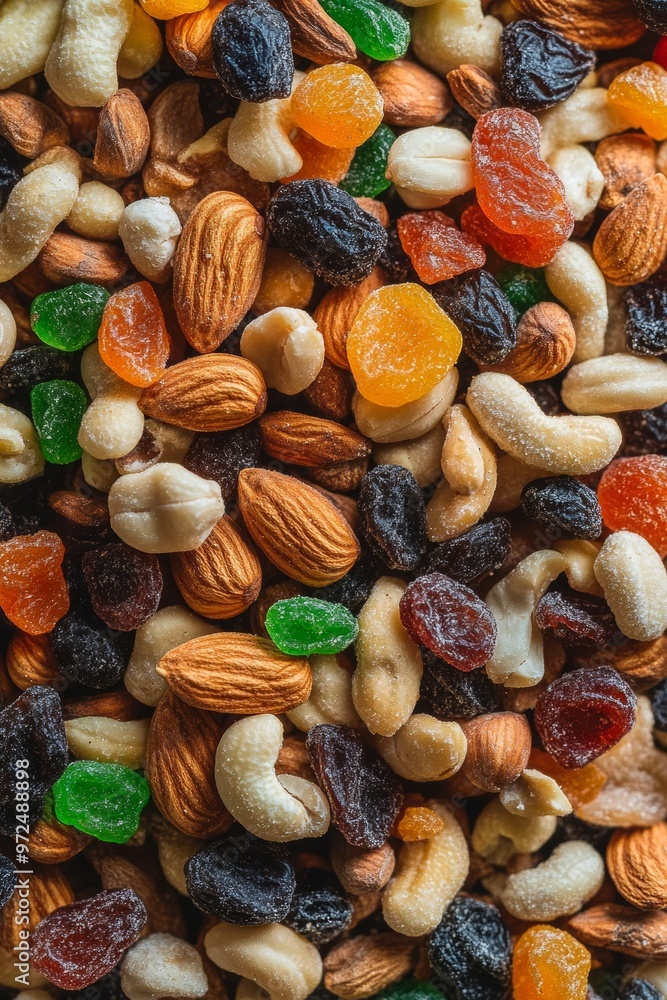 Pile of Mixed Nuts and Dried Fruits on a Background, Close-up Detail Texture Generative AI Pile of Mixed Nuts and Dried Fruits on a Background, Close-up Detail Texture Generative AI