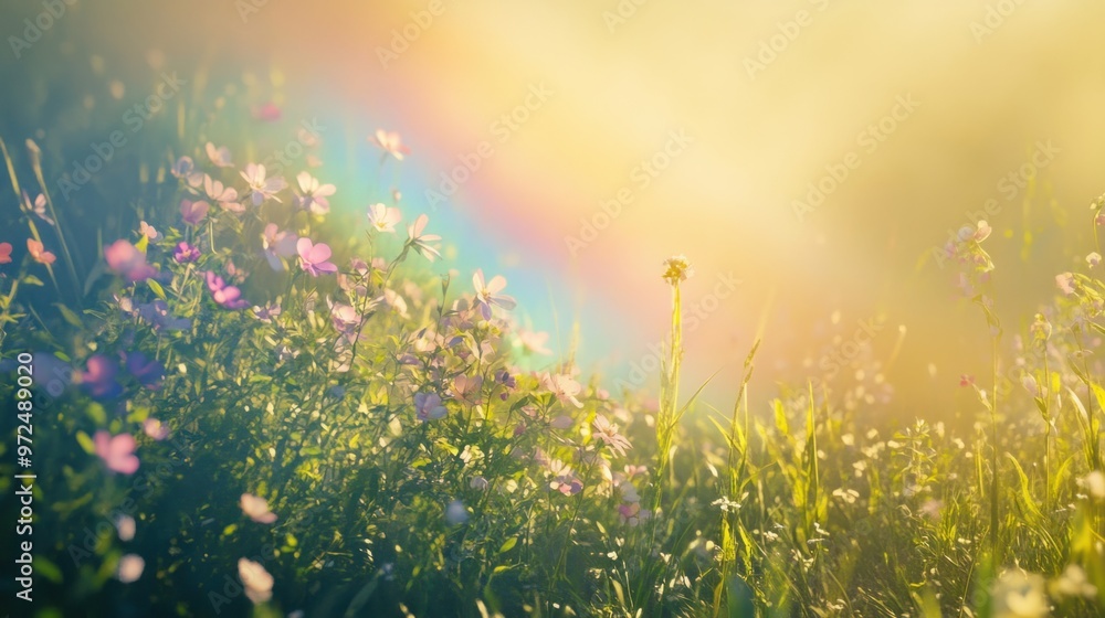 Obraz premium A soft, pastel-colored rainbow glowing faintly over a field of blooming wildflowers, with gentle sunlight shining through