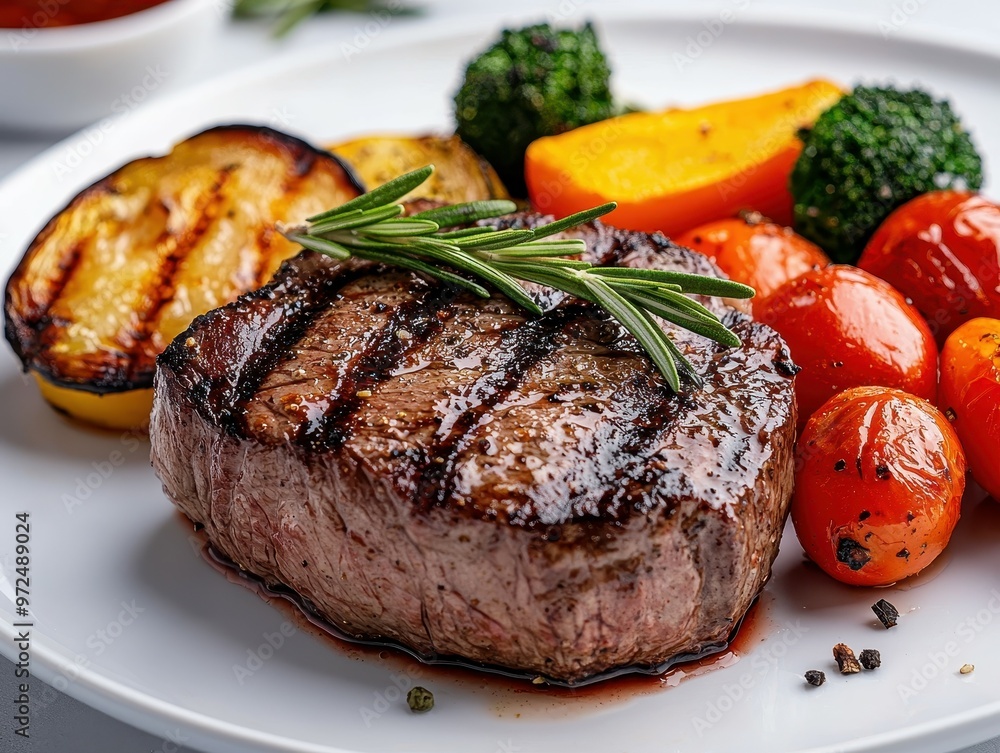 Grilled steak with vibrant vegetables on a white plate, garnished with rosemary. Grilled steak with vibrant vegetables on a white plate, garnished with rosemary.