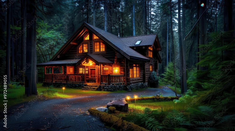 Wilderness cabin in a dense forest, cozy and serene, Nature, Soft greens, Photograph, Woodland retreat