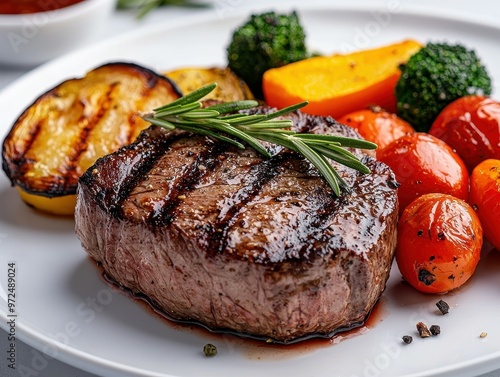 Grilled steak with vibrant vegetables on a white plate, garnished with rosemary.