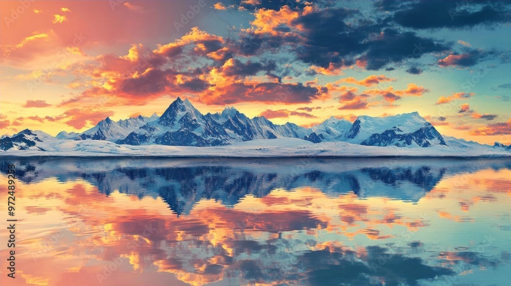 A majestic mountain range with snow-capped peaks reflected in a calm lake at sunset. A majestic mountain range with snow-capped peaks reflected in a calm lake at sunset.