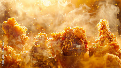 A delicious close-up of crispy fried chicken pieces enveloped in golden steam, highlighting the texture and warmth, creating an appetizing and inviting food scene that entices the viewer.