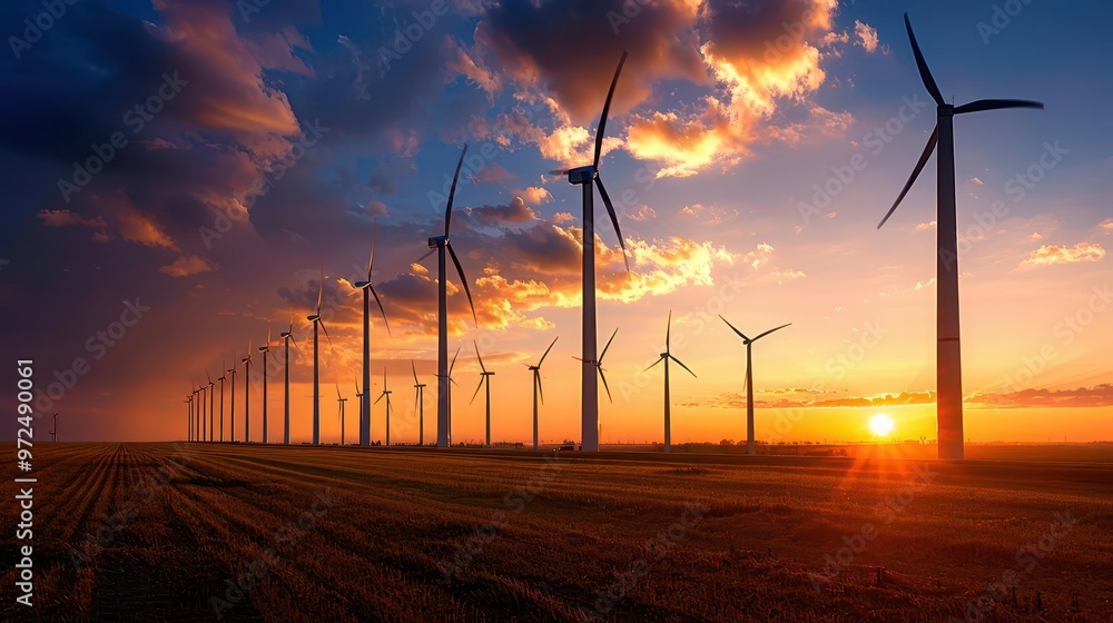 Obraz premium Windmill farm with turbines, expansive and powerful, Industrial, Cool tones, Photograph, Renewable energy