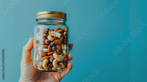 Mixed nuts and seeds in a glass jar, brain-boosting snack, healthy and natural food storage. photo