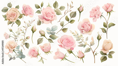 A collection of soft pink roses and buds in various stages of bloom, illustrated in a delicate watercolor style, perfect for floral-themed projects and romantic designs.