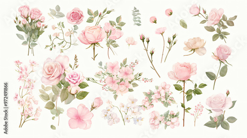 A beautiful variety of pink flowers, including roses and blossoms, illustrated in a soft watercolor style, creating a charming and gentle floral display suitable for decor.