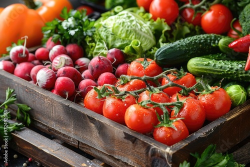 Fresh Organic Vegetables in Wooden Crate - Tomatoes, Radishes, Peppers, Cucumbers, and Greens