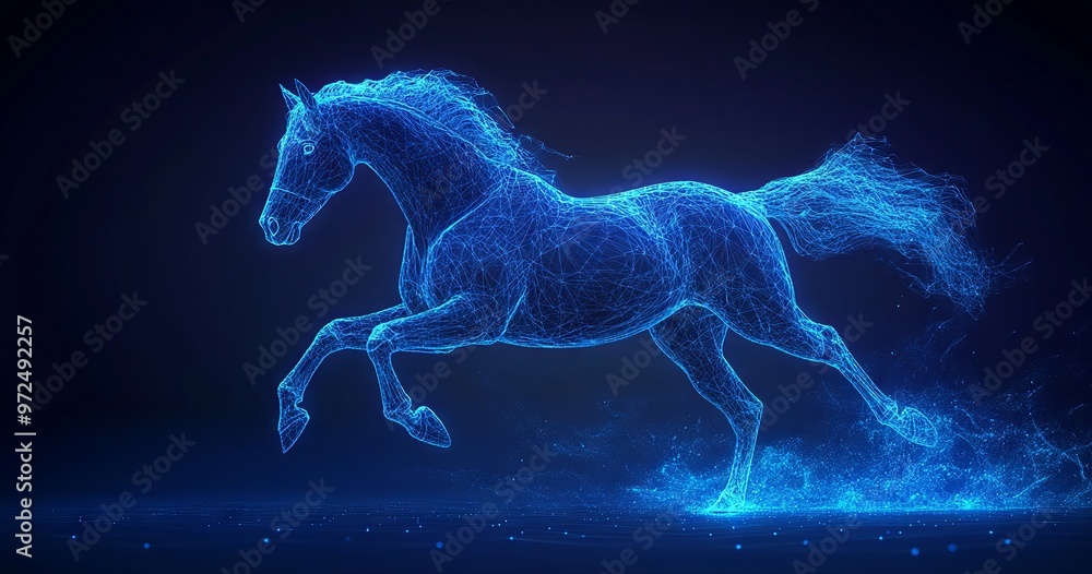 Fototapeta premium Dynamic Digital Art Neon Blue Glowing Horse in Motion