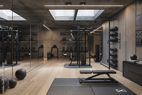 A home gym with integrated storage for fitness equipment, mirrored walls, and a minimalist design that emphasizes both functionality and open space.