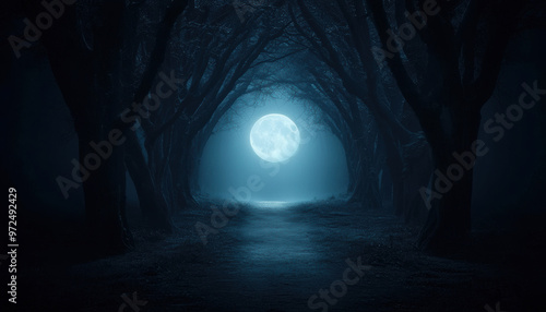 An enchanting night scene with a full moon illuminating a dark, mysterious forest path lined by tall trees.