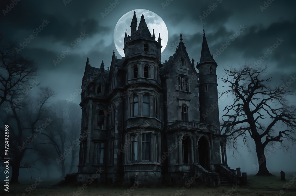 Haunted Gothic Castle with Full Moon and Eerie Trees on a Foggy Halloween Night Haunted Gothic Castle with Full Moon and Eerie Trees on a Foggy Halloween Night