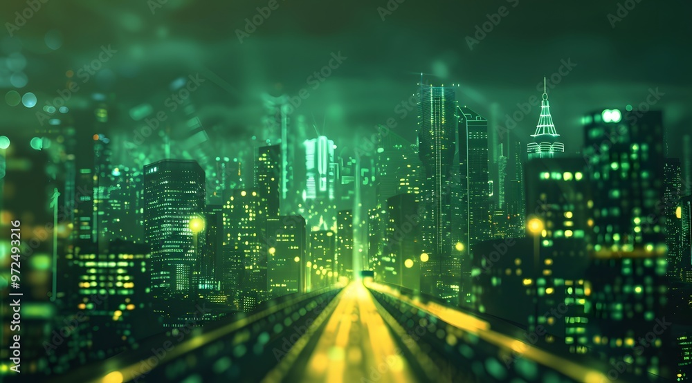 Fototapeta premium a green neon cityscape with tall skyscrapers and glowing lights
