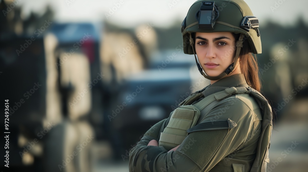 Confident Israeli Female Soldier Standing Outdoors in Uniform, Showcasing Strength and Valor Confident Israeli Female Soldier Standing Outdoors in Uniform, Showcasing Strength and Valor