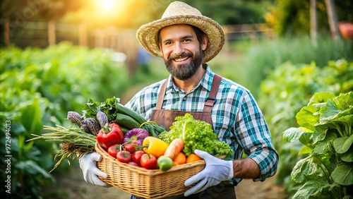 Cheerful Farmer With Organic Vegetables