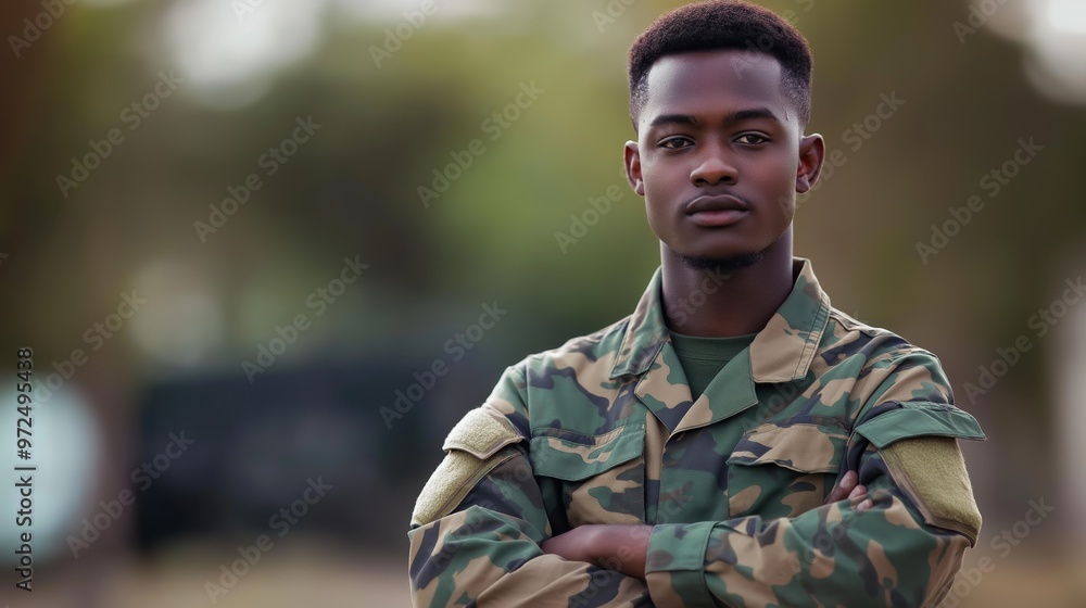 Confident Young African Man in Military Uniform Outdoors, Embracing Strength and Discipline Confident Young African Man in Military Uniform Outdoors, Embracing Strength and Discipline