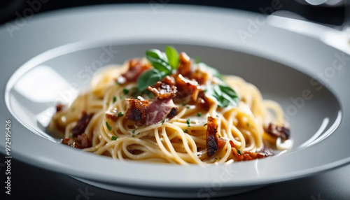 Traditional carbonara with creamy sauce and guanciale, ai