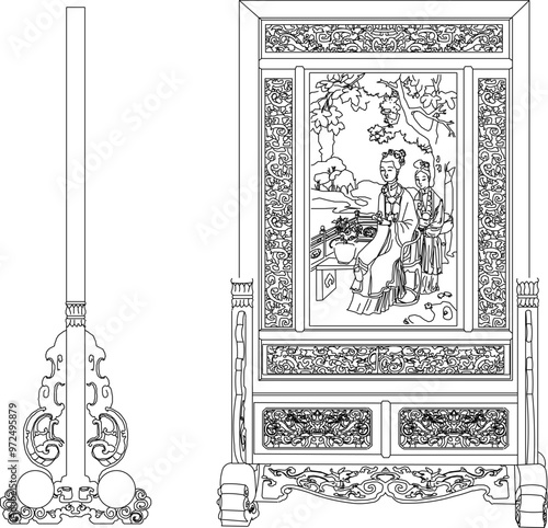 Vector sketch illustration of the silhouette of a classic vintage ethnic room backdrop partition furniture design full of traditional carvings