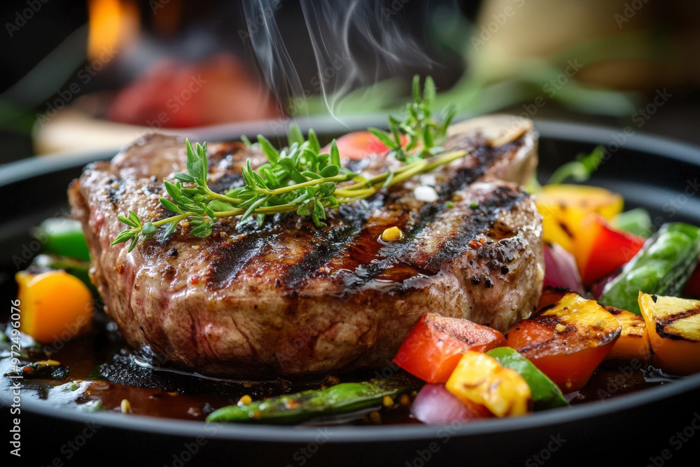 sizzling steak, with grill marks, adorned with fresh herbs and colorful vegetables sizzling steak, with grill marks, adorned with fresh herbs and colorful vegetables