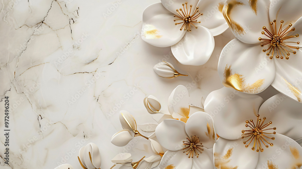 A beautifully styled flat lay of white flowers with golden accents against a marble background, showcasing elegance and sophistication, perfect for wedding or luxury-themed designs. A beautifully styled flat lay of white flowers with golden accents against a marble background, showcasing elegance and sophistication, perfect for wedding or luxury-themed designs.