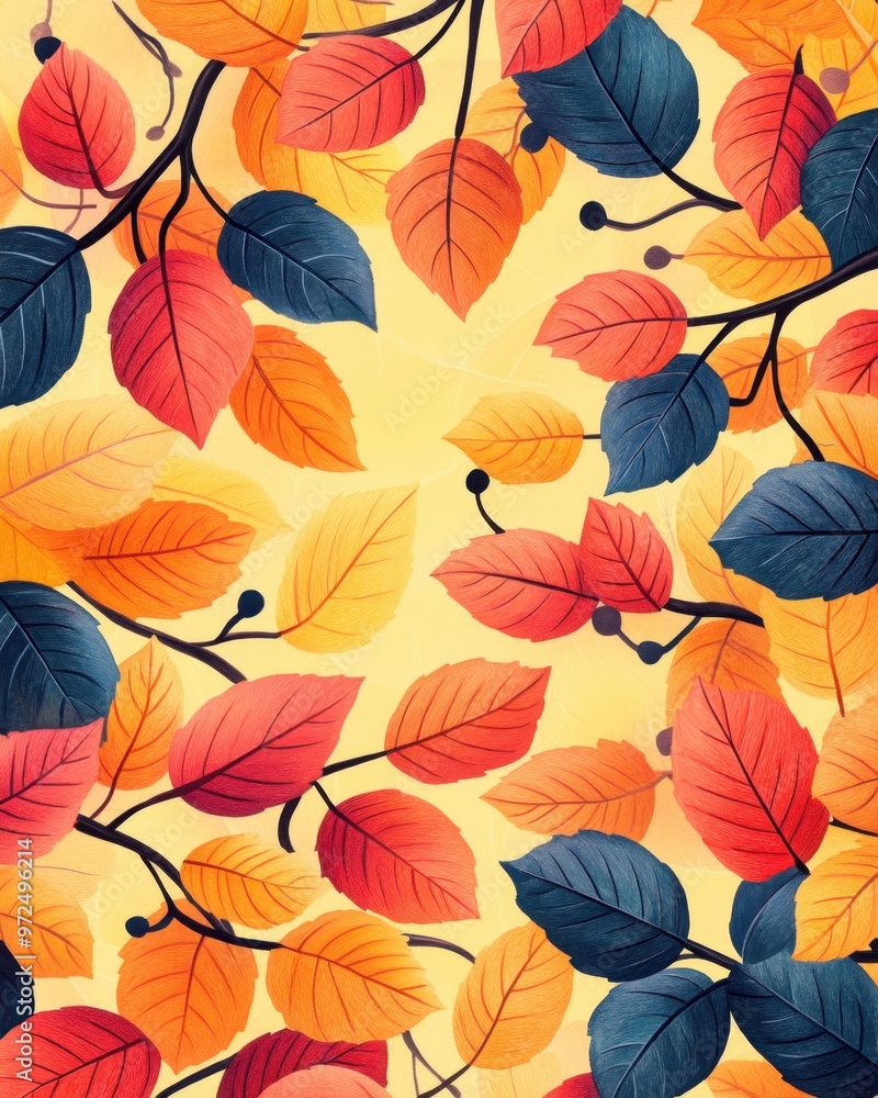 Vibrant autumn leaves create a beautiful, patterned backdrop, showcasing warm hues of orange, red, and yellow against a golden background Vibrant autumn leaves create a beautiful, patterned backdrop, showcasing warm hues of orange, red, and yellow against a golden background
