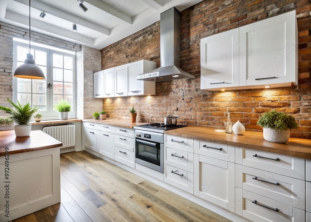 Clean and bright white kitchen features rustic exposed brick backsplash, sleek cabinets, and modern appliances, perfect Clean and bright white kitchen features rustic exposed brick backsplash, sleek cabinets, and modern appliances, perfect