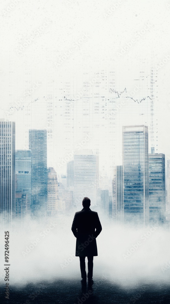 Corporate Dystopia: Businessperson Contemplating Empty City Skyline with Fading Financial Graphs and Eerie Fog - Concept of Urban Isolation and Economic Uncertainty Corporate Dystopia: Businessperson Contemplating Empty City Skyline with Fading Financial Graphs and Eerie Fog - Concept of Urban Isolation and Economic Uncertainty