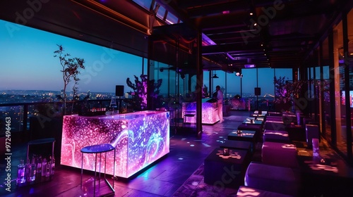 Rooftop Bar with Neon Lights and City View