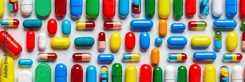 Top-down view of colorful pills and capsules arranged in rows on a white background. Ideal for medical, health, or pharmaceutical-themed designs with vivid details.