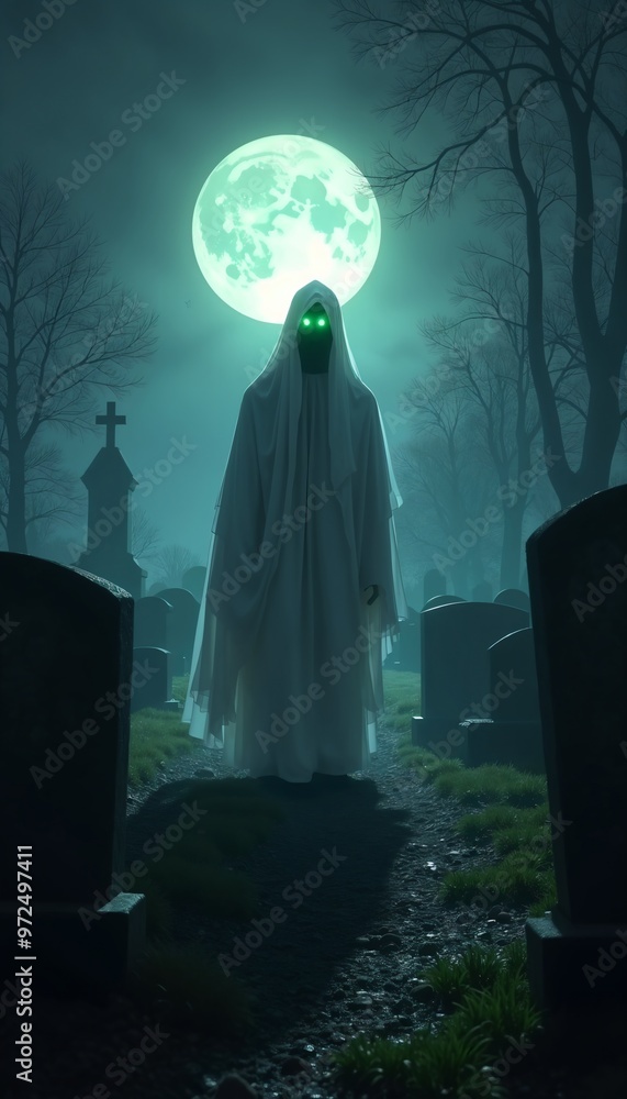 Halloween ghost with glowing green eyes standing among gravestones in dark eerie cemetery under full moon Halloween ghost with glowing green eyes standing among gravestones in dark eerie cemetery under full moon