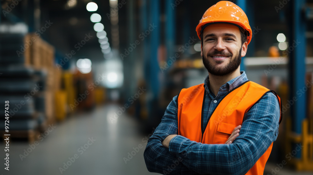 Cheerful factory worker in a hard hat and reflective vest, confidently standing with arms crossed inside an industrial environment. Cheerful factory worker in a hard hat and reflective vest, confidently standing with arms crossed inside an industrial environment.