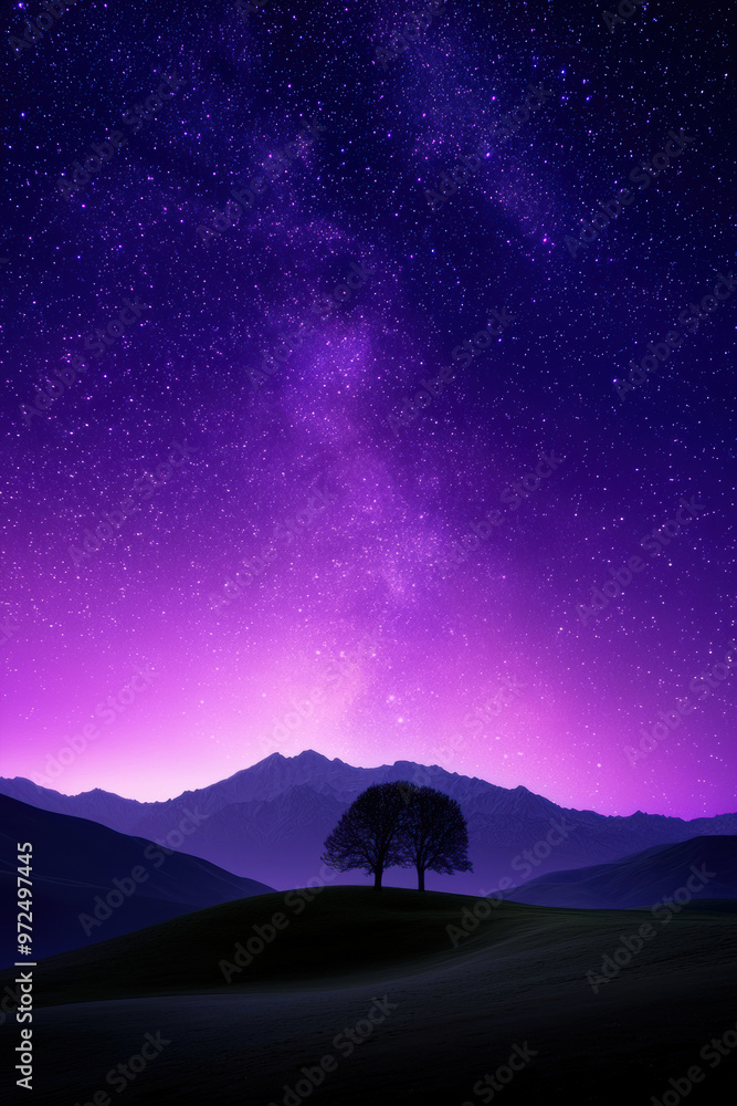 Stunning night sky with vibrant purple hues and a silhouette of trees against majestic mountains, creating a serene landscape. Stunning night sky with vibrant purple hues and a silhouette of trees against majestic mountains, creating a serene landscape.