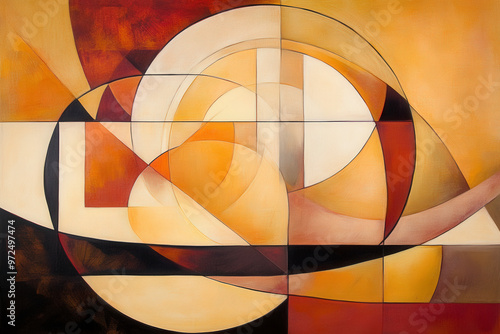 Geometric shapes, lines and geometric shapes with organic, abstract, warm colors overlaid with dotted textures and dynamic lines, ideal for creative backgrounds.