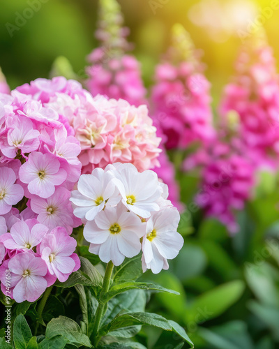 Vibrant pink and white flowers bloom beautifully in a sunny garden, showcasing nature's delicate and colorful beauty.