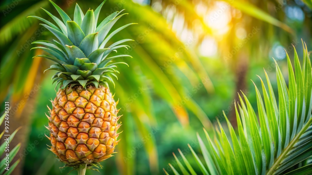 A tropical pineapple fruit sweetly matures on a sturdy palm tree branch, its vibrant yellow skin gleaming against A tropical pineapple fruit sweetly matures on a sturdy palm tree branch, its vibrant yellow skin gleaming against