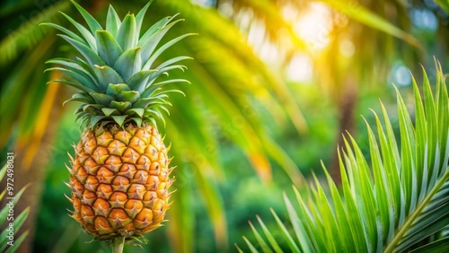 A tropical pineapple fruit sweetly matures on a sturdy palm tree branch, its vibrant yellow skin gleaming against