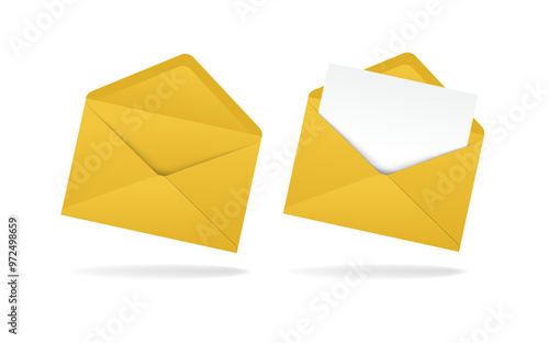 Set of realistic yellow envelopes in different positions. Folded and unfolded envelope backpack isolated