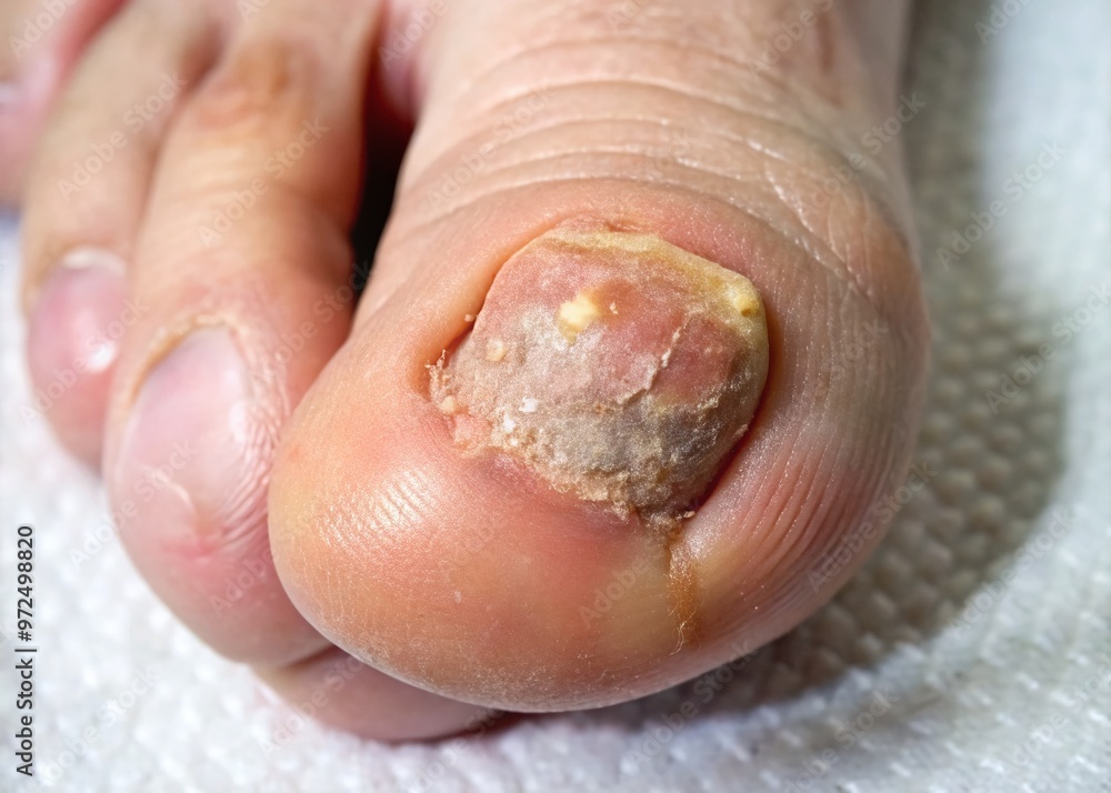 Close-up of a rough, hardened patch of skin on the toe, caused by repeated friction, showcasing a common Close-up of a rough, hardened patch of skin on the toe, caused by repeated friction, showcasing a common