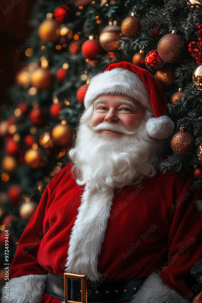 chubby Santa clause dressed in red outfit, standing in front of a big Christmas tree, big white beard, Christmas colors chubby Santa clause dressed in red outfit, standing in front of a big Christmas tree, big white beard, Christmas colors