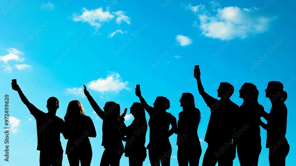 Silhouette of Diverse Group Taking Selfie with Cell Phone, Copy Space for Banner Design. Silhouette of Diverse Group Taking Selfie with Cell Phone, Copy Space for Banner Design.