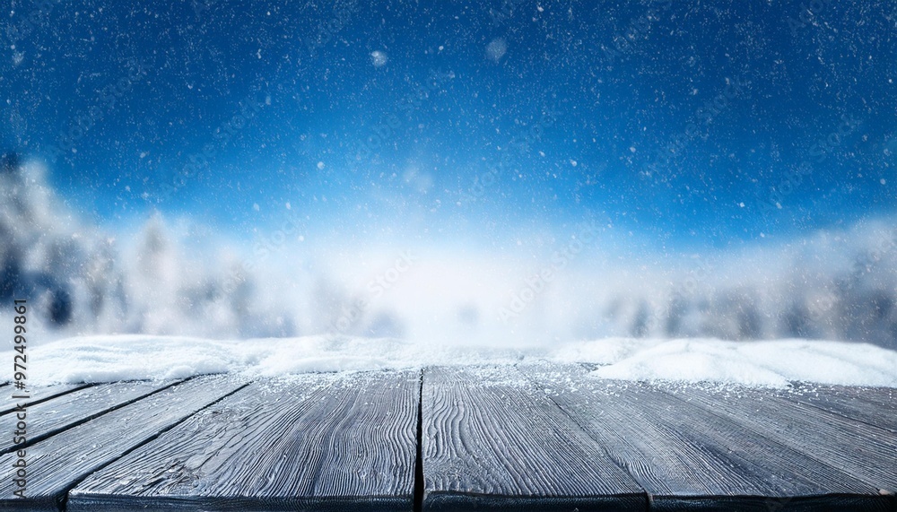 Rustic wooden table covered in snow, perfect for product photography or design projects