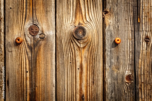 Close-up of a textured wooden plank with prominent vertical nail ridges, showcasing a rustic, weathered surface with photo